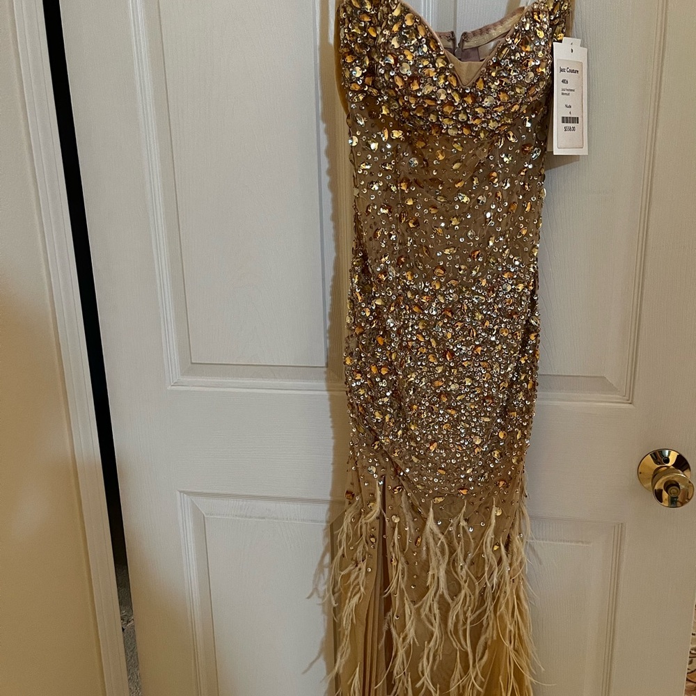 Jasz Couture Tan and Gold Dress